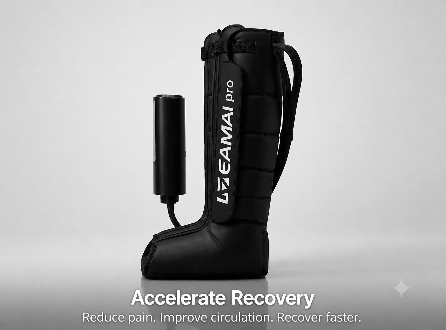 LEAMAI Pro pneumatic compression boot on a dark studio background
